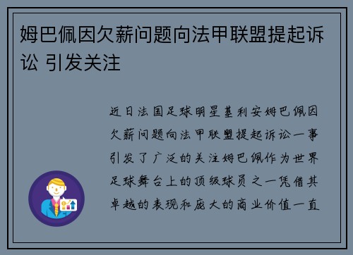 姆巴佩因欠薪问题向法甲联盟提起诉讼 引发关注