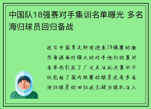 中国队18强赛对手集训名单曝光 多名海归球员回归备战